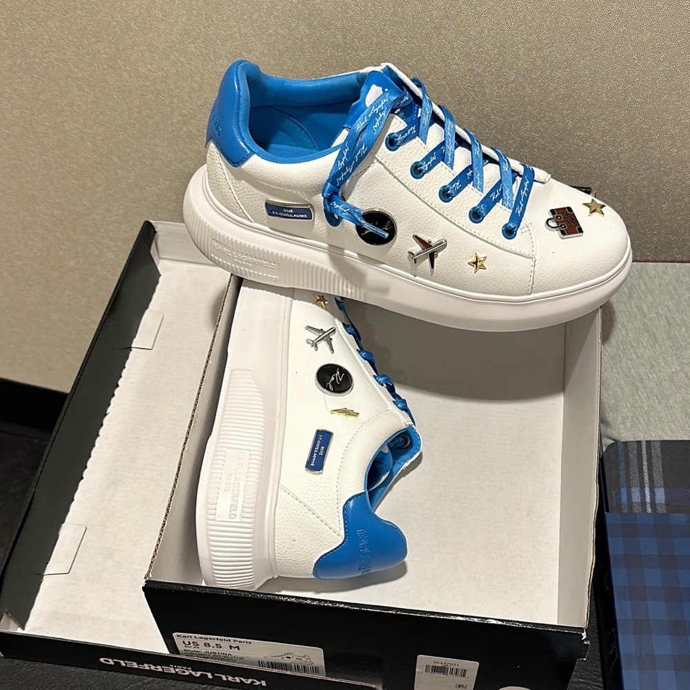 Karl Lagerfeld White and Blue Sneakers Lace-Up Design